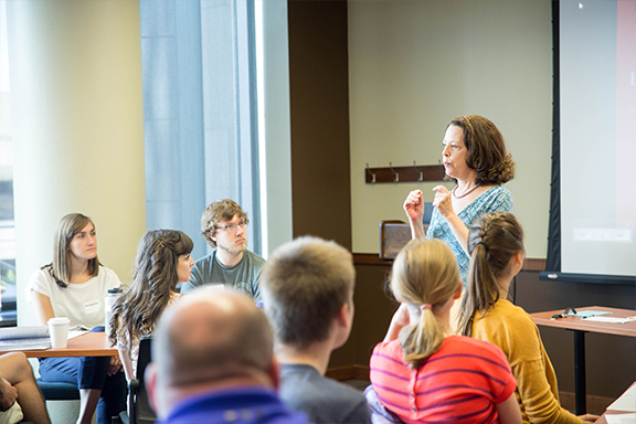 UW-Madison School of Education Dean Diana Hess speaking to students.