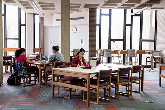 Two students sitting at one table, one other student sitting behind their table at MERIT.