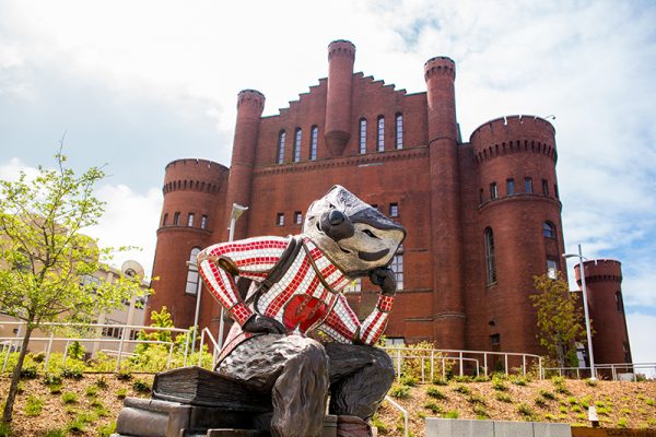 Alumni Park Bucky statue in front of Red Gym.