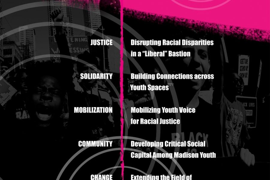 Black, pink and white poster for mobilizing youth voices for racial justice.