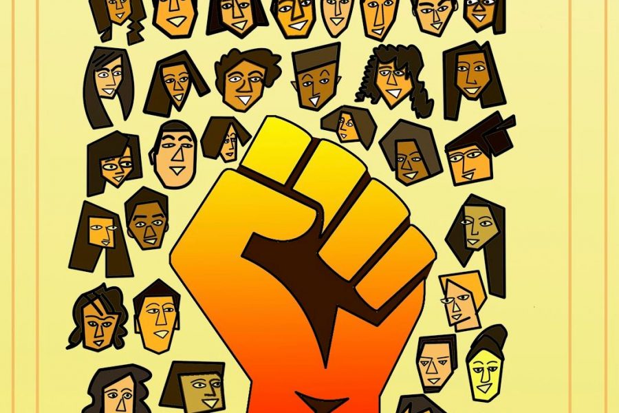 Graphic of yellow red gradient fist surrounded by people of color.