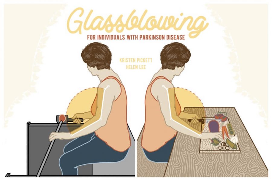 Titled "glassblowing" as a graphic of a person is reflected on both sides; one glass blowing, the other cutting vegetables.