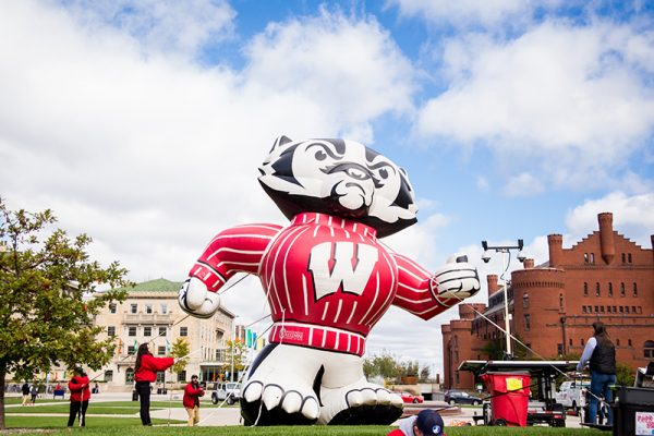 Inflatable Bucky being set up on Library mall.