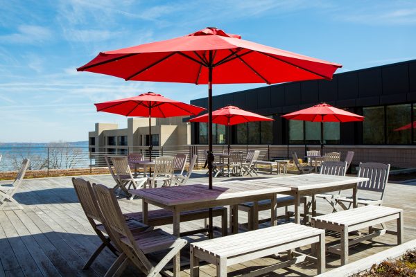 Red umbrellas on the deck at the uw school of education